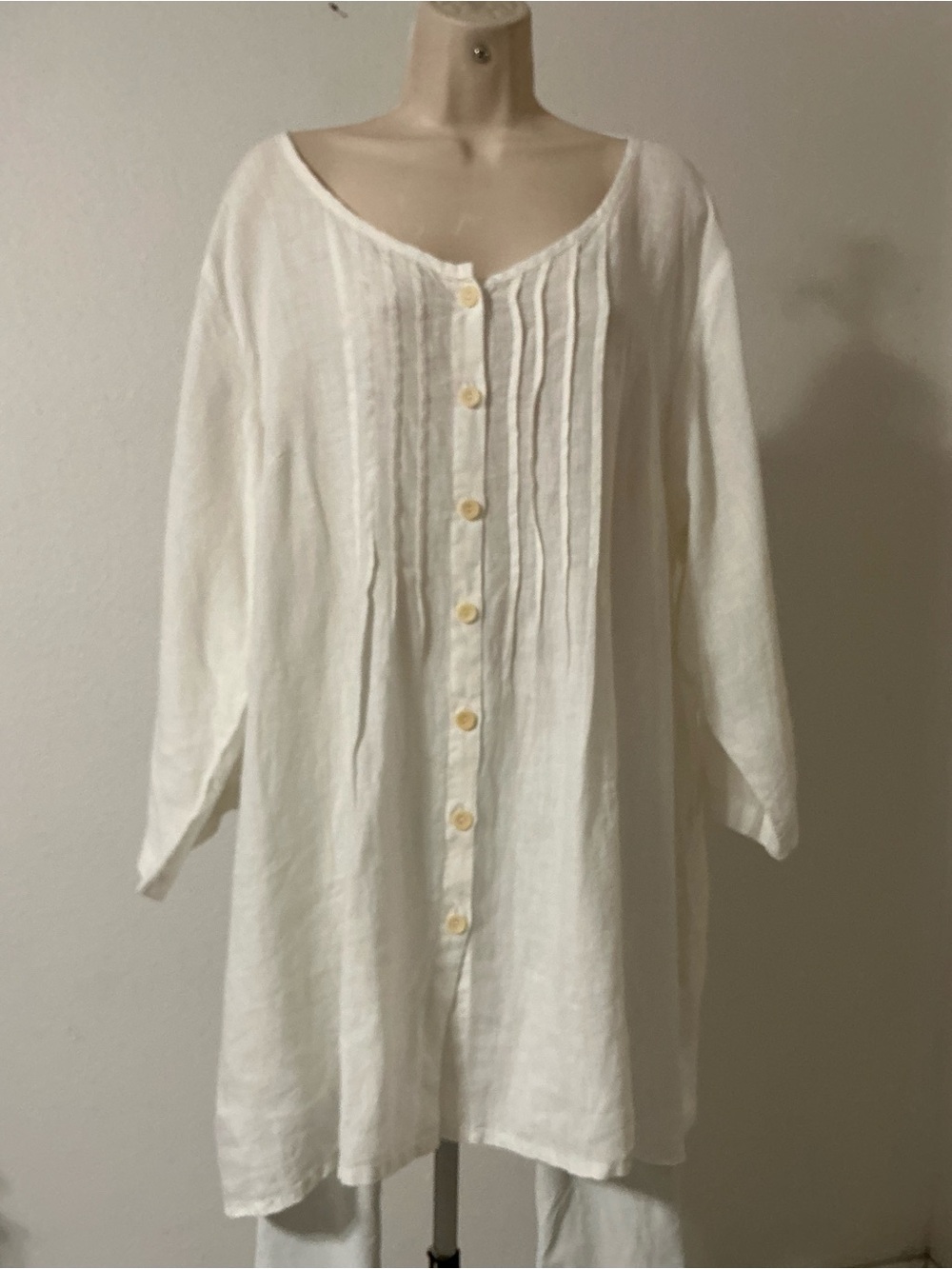 EUC FLAX 100% Linen Button Front Blouse In White Round Neck Size L